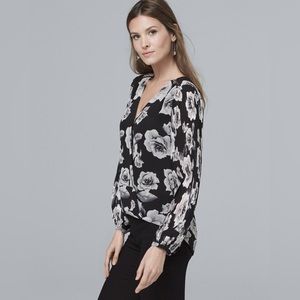 White House Black Market Rose Floral Print Pleated Sleeve Blouse